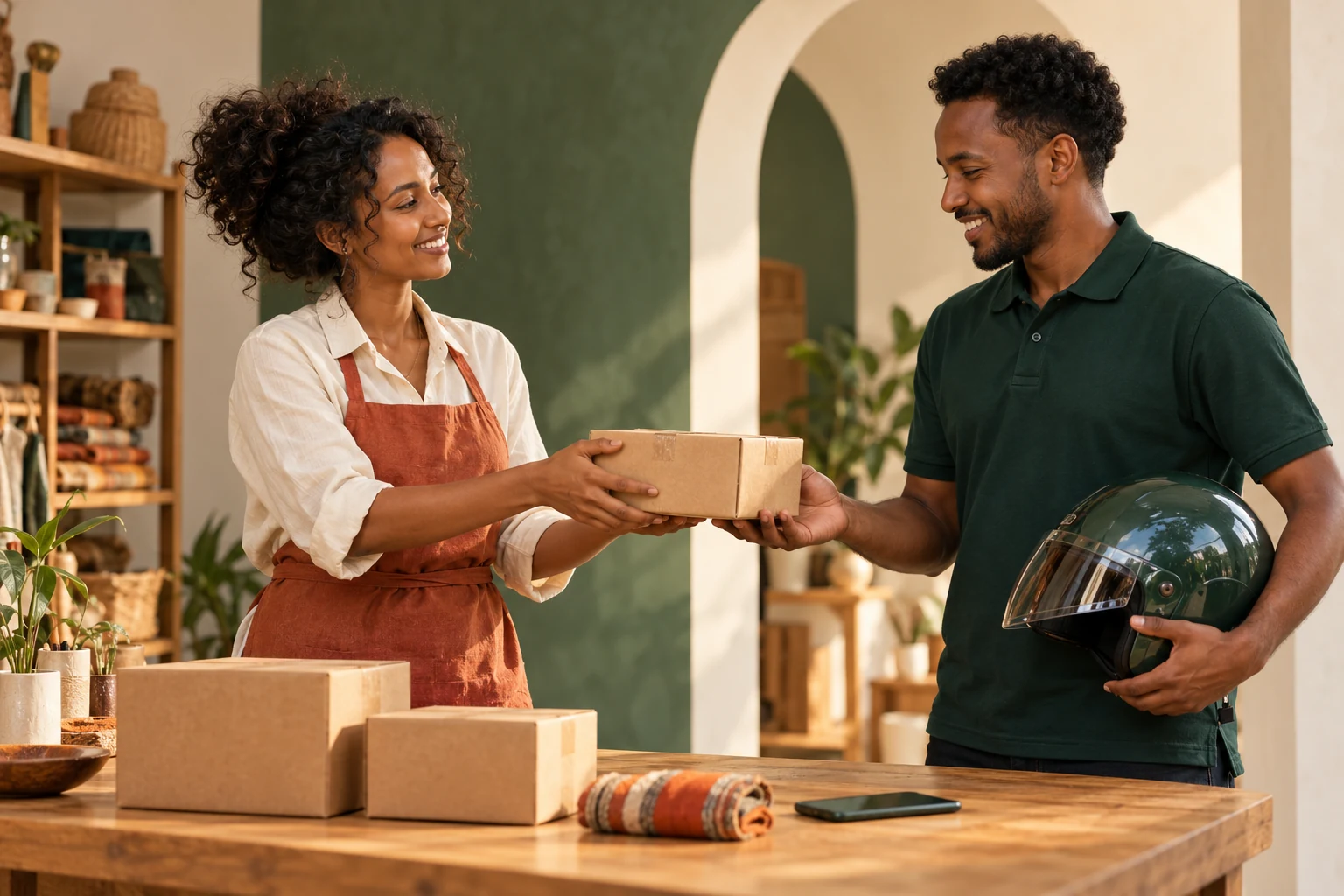 Illustration of an Ethiopian online seller handing a packed order to a courier